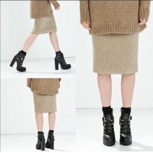Zara Knit Mohair Blend Pencil Skirt Womens S Taupe Brown Fuzzy Midi 0367/803/736